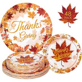 48 Pcs Thanksgiving Plates Set - Fall Pumpkin Maple Leaf Round Party Dessert Plates, Disposable Autumn Thanksgiving Paper Plates Dinnerware Sets for Fall Thanksgiving Day Party Supllies Table Decor