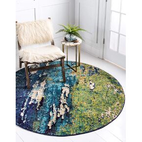 Unique Loom Estrella Collection Distressed, Landscape, Abstract, Modern, Earth Tones Area Rug (8' 0 x 8' 0 Round, Navy Blue/Green)