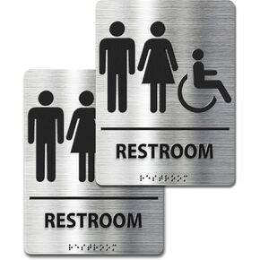 ADA-Mark Modern Restroom Sign for Business - 2PK ADA Compliant Braille Bathroom Sign with Easy Installation - 6" W x 8" H