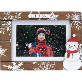 Let It Snow Winter Picture Frame 5x7, Brown Wood Christmas Photo Frame with Snowman Snowflakes holds 4x6 Pictures with Mat, Tabletop or Wall Vertical Display
