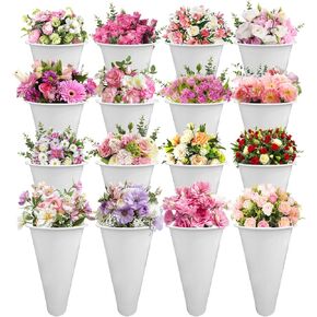 16 Pcs Plastic Flower Buckets, 14.5 Inch Tall Floral Bucket for Cut Flowers, Multipurpose Plastic Flower Vase for Flower Display Stand Patio Garden, Living Room, Home Wedding Decorations (White)