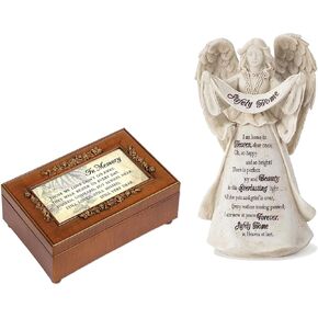 Cottage Garden Dicksons Safely Home in Heaven Stone 6.5 Inch Resin Tabletop Angel Figurine in Memory Bereavement Rich Walnut Finish Petite Rose Music Box Plays Wind Beneath My Wings, 2-Piece Set