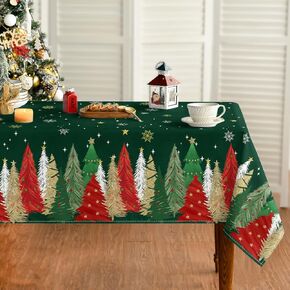Horaldaily Christmas Tablecloth 60×84 Inch Rectangular, Christmas Trees Green Washable Table Cover for Party Picnic Dinner Decor