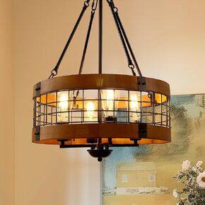 L LOHAS LED Rustic Farmhouse Chandelier for Dining Room, 4-Light Height Adjustable Round Chandeliers, Brown Wood and Black Iron Drum Chandelier for Bedroom, Living Room, Foyer, Kitchen, Entryway