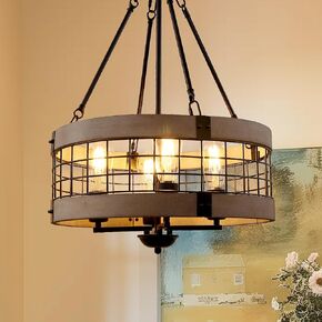 L LOHAS LED Rustic Farmhouse Chandelier for Dining Room, 4-Light Height Adjustable Round Chandeliers, Brown Wood and Black Iron Drum Chandelier for Bedroom, Living Room, Foyer, Kitchen, Entryway