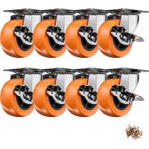 1.5 Inch Casters, ASHGOOB Caster Wheels with Side Brake, Locking Casters Set of 8, Industrial/Furniture Swivel Plate Caster Wheels for Workbench and Carts, Orange Polyurethane (PU) Castors (8 Pack)