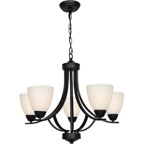 VINLUZ 5-Light Farmhouse Kitchen Island Chandelier，Hanging Pendant Light Fixtures in Black Finish with Opal White Glass Shades Industrial Hanging Lighting for Dining Room
