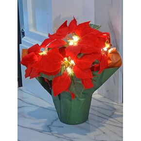 12 Inch High LED Lighted Artificial Red Christmas Potted Poinsettia Plant, Battery Operated with Timer