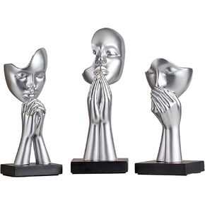 3-Piece Set of Thinker Statues, Gold and Silver Black Abstract Art Meditation Prayer Sculptures, Modern Home Decoration, Desktop Decoration, Home or Office Decoration Art Gifts (Silver)