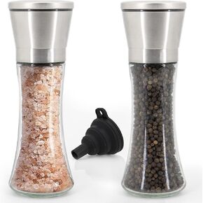 CHEF'S FAVORITE Salt and Pepper Grinder Set of 2 - Manual Grinders with Adjustable Grinding - Refillable Salt and Pepper Mill Set - Stainless Steel & Glass Mills - Includes Funnel for Easy Filling