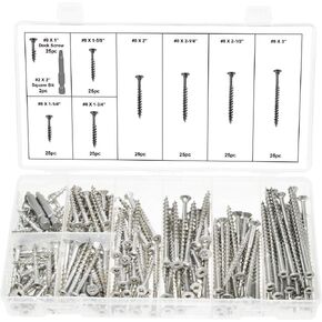 Swordfish 32620 - Stainless Steel Square Drive Type 17 Cutting Point Wood & Deck Screw Assortment, No.#8 Screws Total 8 Sizes, Package of 202 pieces
