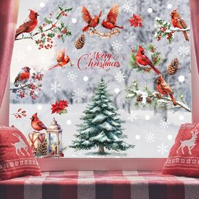 Christmas Winter Birds Window Clings 9 Sheets, Xmas Red Cardinal Pine Tree Static Window Stickers Decals Decorations for 2025 New Year Christmas Holiday Party Home Glass Windows Door Decor