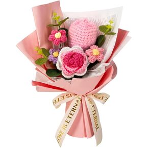 Crochet Flower Bouquet: Completed Crochet Rose Tulip Flowers for Graduation Gifts Birthday Home Decor (Pink)