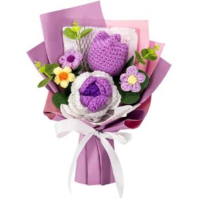 Crochet Flower Bouquet: Completed Crochet Rose Tulip Flowers for Graduation Gifts Birthday Home Decor (Pink)