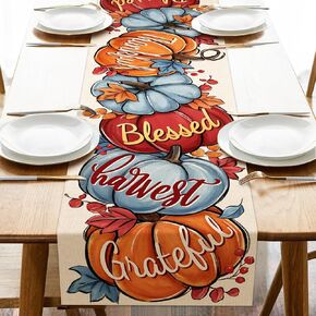 Thanksgiving Pumpkin Thankful Grateful Blessed Table Runner, Blue Fall Harvest Kitchen Dining Table Decoration, Autumn Seasonal Burlap Indoor Outdoor Home Decor Party Supply 13 x 72 Inches