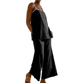 Womens 2 Piece Outfits Cotton Linen Set Spaghetti Strap Cami Top and Wide Leg Pants Matching Sets