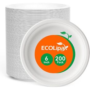 ECOLipak 6 Inch Compostable Small Paper Plates, 200 Pack Recycled Sugarcane Bagasse Mini Dessert Plates Disposable, Biodegradable Heavy Duty Cute Dinner Appetizer Cake Halloween Plates for Party