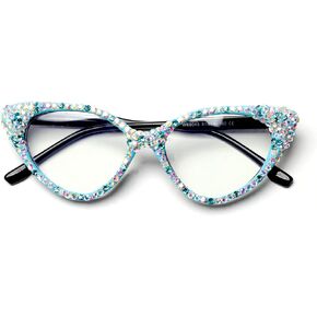 ICARA Bling Crystal Cat Eye Reading Glasses Rhinestone Blue Light Blocking Glasses for Women