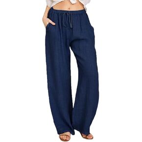 SHEKINI Womens Cotton Linen Pants Elastic High Waist Drawstring Lightweight Trousers Wide Leg Loose Casual Palazzo Yoga Pants in Kuwait