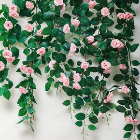 Musdoney 4Pcs 32.2 FT Fake Rose Vine Flowers Plants Artificial Flower Garland Hanging Rose Ivy Home Hotel Office Wedding Party Garden Craft Art Decor (Pink)