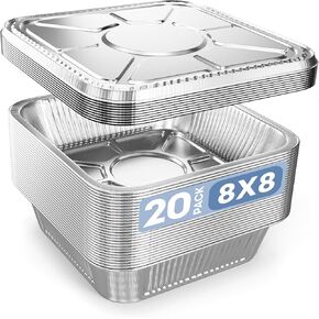 DOBI 8x8 Aluminum Foil Pans With Lids (20 Pack) - 8 Inch Disposable Square Baking Pans with Foil Lids - Tins for Cake, Casserole, Lasagna, Meatloaf, or Brownie. Standrad Size: 8" x 8" x 1.75"