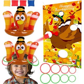 90shine 3Pcs Thanksgiving Turkey Ring Toss Games for Kids - Fall Bean Bag Inflatable Hat Toys for Adults Family Activities Party Favors Indoor Outdoor