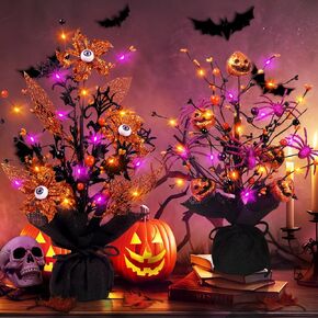 Halloween Decoration Tree, 18"H Halloween Tree with 20LED Light DIY Spider Pumpkin Glowing Tabletop Decoration Tree for Halloween Party Indoor Decoration