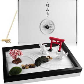 Japanese Zen Garden for Desk - Sakura Tree Samurai 12" x 8" Desktop Mini Zen Garden with White Sand Artificial Bonsai Tree Rocks Rakes & Accessories - Meditation Zen Gifts Office Decor