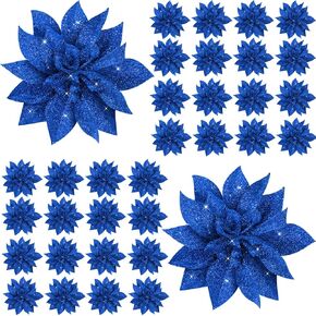 WILLBOND 36 Pieces Christmas Glitter Poinsettia Flowers Decorative Faux Flowers for Christmas Wreath Christmas Tree Ornaments, 3.94 Inches Diameter (Blue)