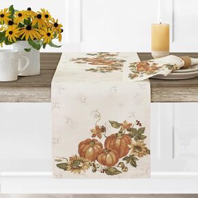 Lintex Stockbridge Pumpkin Harvest Bordered Thanksgiving FabricTable Runner, Autumn Fall Leaf, Sunflower and Acorn Border Print 70 Inch Long Table Runner