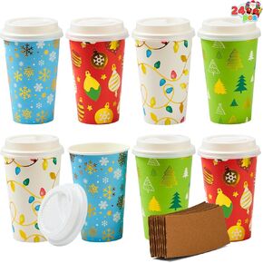 JOYIN 24 Pcs 16 oz Christmas Disposable Cups with Lids and Coffee Cup Sleeves for Xmas Holiday Table Decorations, Hot Chocolate Cold Beverage Party Supplies