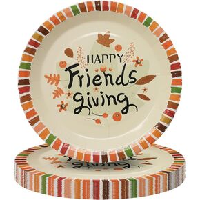 Pandecor 50 Pieces 7 Inches Happy Friends Giving Maple Leaf Disposable Dessert Plates for Thanksgiving Day Party Autumn Tableware Set