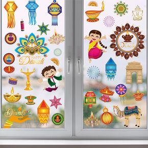 KYMY 9 Sheets Happy Diwali Window Clings, 9 Sheets Diwali Window Stickers, India Festival of Lights Double-Sided Printed PVC Window Decals for India Festival Deepawali Party Decorations
