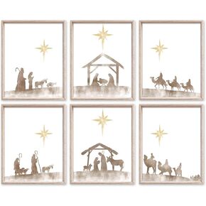 Whaline 6Pcs Christmas Wall Art Prints Watercolor Christian Nativity Paper Posters Xmas Jesus Picture Decoration for Party Gallery Living Room Office, 8 x 10 Inch, Unframed