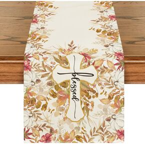 Artoid Mode Cross Blessed Eucalyptus Pumpkins Fall Table Runner, Seasonal Autumn Kitchen Dining Table Decoration for Home Party Decor 13x72 Inch
