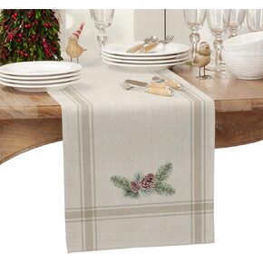 Table Runners 120 inches Long Christmas Winter Pine Tree, Wedding/Coffee Runner, Farmhouse Style Linen Cloth for Dinning Holiday Party Indoor Outdoor Decor, Heat,Grey Striped Khaki 13x120inch