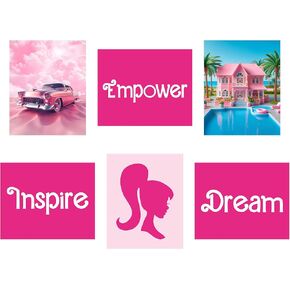 Sanart Inspirational Pink Themed Girl's Poster Set , Cute Room Decor, Motivational Quotes, Retro Cars and Charming House Designs - Perfect for Kids Bedrooms or Playrooms (8x10 Inches Unframed 6 Pieces)