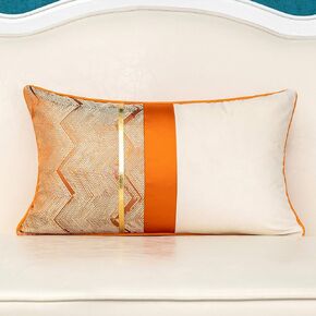 Alerfa 12 x 20 Inch Orange White Geometric Striped Gold Leather Patchwork Velvet Cushion Case Luxury Modern Lumbar Throw Pillow Cover Decorative Pillow for Couch Sofa Living Room Bedroom Car