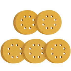 100 PCS 5-Inch 8-Hole Hook and Loop Sanding Discs, 60/80/120/220/320 Grits Gold Sanding Discs for Random Orbital Sander, Sandpaper for Woodworking or Automotive (Assort Grit)