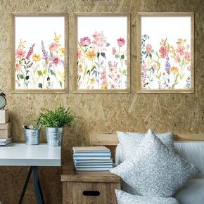 Set Of 3 Neutral Watercolor Wildflower Prints Wall Art Decor 16x24 Inch Floral Vintage Office Boho Botanical Sign Wooden Frame Modren Flower Bedroom Living Room Abstract Wall Hanging (Wood)
