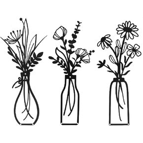 Dhthdrh 3 Pieces Metal Flowers Vases Wall Arts Decoration Minimalist Black Metal Wall Decors Iron Decorative Floral Natural Theme for Living Room Bathroom Kitchen Farmhouse Wall Sculptures Hanging