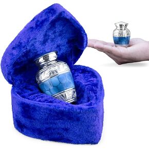 INTAJ Small Urns for Human Ashes Keepsake - Cremation Urns for for Men Women with Velvet Heart Case - Beautiful Brass Engraved Mini Urn Peaceful Dark Blue Decorative Urn