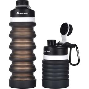 Muslish Collapsible Water Bottle 18oz(550ml), BPA Free Silicone Foldable Water Bottles for Travel Gym Camping Hiking, Reuseable Portable Leak Proof Sports Water Bottle with Carabiner(Light Gray)