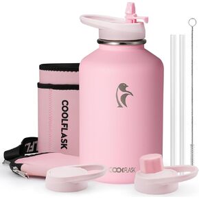 64 oz Insulated Water Bottle with Straw & Sleeve, Coolflask Half Gallon Water Jug 3 Lids Stainless Steel Metal Multifunctional Flask, Keep 48H Cold 24H Hot, Compact OOTD Yoga/Gym Bottle, Pink Blush