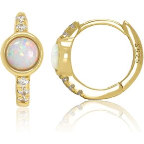 14K Gold Plated 925 Sterling Silver Created White Opal Huggie Hoop Earrings