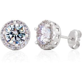 Sterling Silver Handcrafted Zircon Gemstone Halo 9mm Stud Earrings