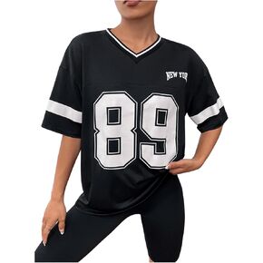 Milumia Women's Letter Graphic Jersey Shirts Oversized V Neck Half Sleeve Tshirt Tops Streetwear