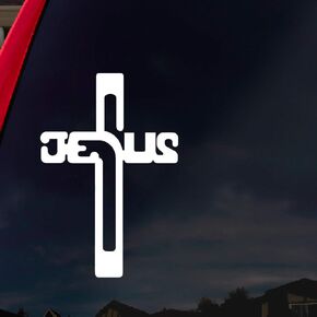 Cross Jesus Christ Car Window Vinyl Decal Sticker 5" Tall (White)