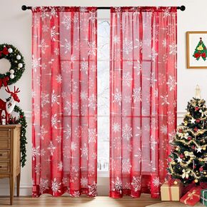 BROSHAN Red Christmas Sheer Curtains 63 inch Length - White Snowflake Patterned Curtains Xmas Holiday Living Room Bedroom Window Decoration Curtain Drapes Set of 2 Panels,Light-Filtering
