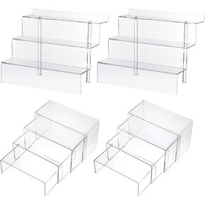 8 Pcs Display Risers and 2 Pcs 12 Inch 3 Tier Acrylic Shelf Organizer Clear Acrylic Display Stands Rectangular Display Shelf for Decoration Retail Shoe Showcase Jewelry Cupcake Figures